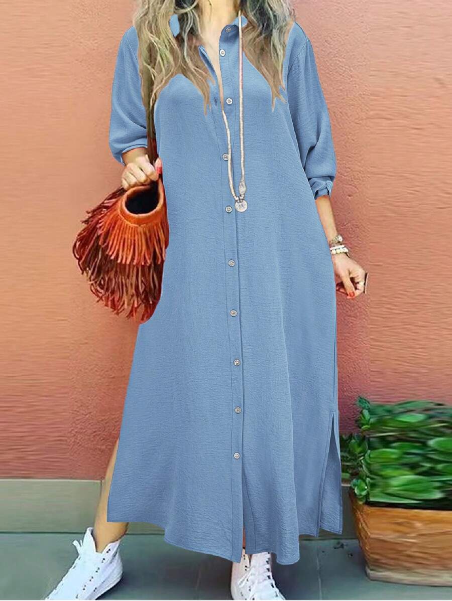 Women's Solid Color Long Sleeve Single-Breasted Casual Elegant Shirt Dress