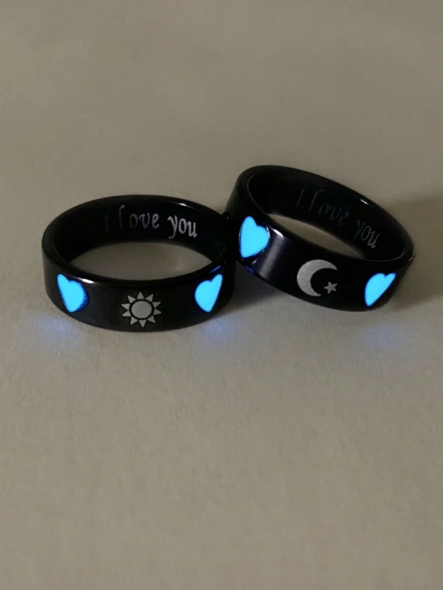 ATLVXJL 2件/組情侶戒指,太陽、月亮與星星圖案,螢光發光愛心戒指,刻有「I Love You」,不鏽鋼材質,女士戒指套組,情人節禮物,送給媽媽的禮物,母親節禮物 - 黑色 - 查看 1