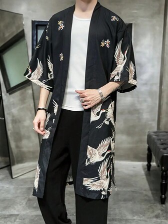 Fashionable Lightweight Cape, Japanese Style Spring/Summer Crane Embroidery Mid-Length Kimono , Unisex Thin Casual Outerwear Coat Open Stitch Vintage Inspired Element