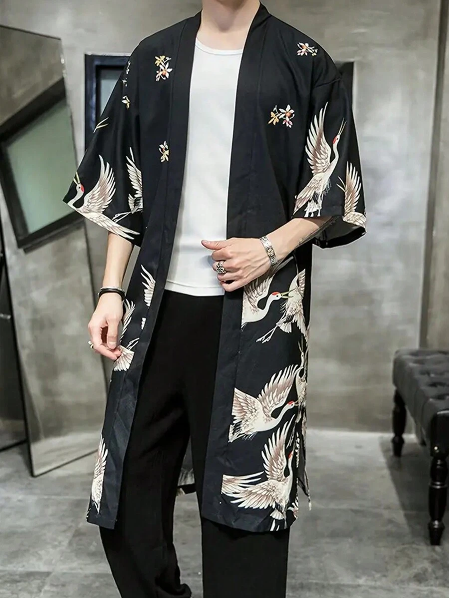 Fashionable Lightweight Cape, Japanese Style Spring/Summer Crane Embroidery Mid-Length Kimono , Unisex Thin Casual Outerwear Coat Open Stitch Vintage Inspired Element - Black - View 1