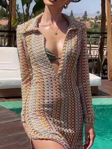 Vestido casual de playa hecho a mano de ganchillo, de cuello en V bajo y abertura, diseño calado para vacaciones