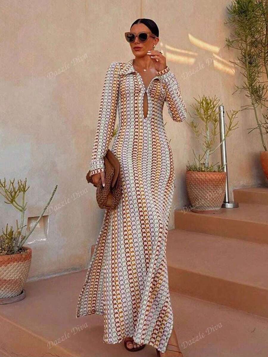 Vestido casual de playa hecho a mano de ganchillo, de cuello en V bajo y abertura, diseño calado para vacaciones