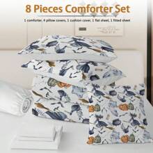 8 Pieces Halloween Comforter Set, Witch Pattern Bed In A Bag Bedding With Comforter Sheet Sham - 1 Comforter, 2 Pillow Shams, 1 Flat Sheet, 1 Fitted Sheet, 1 Cushion Cover, 2 Pillowcases Queen Size