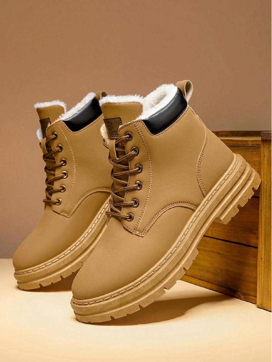 男士保暖内衬经典纯色高帮平底雪地靴，冬季男士休闲黑色皮革短靴 - 卡其色 - 查看 1