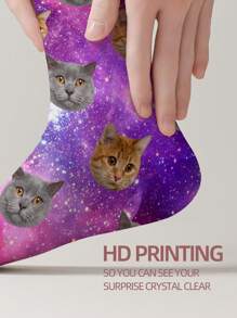 1 Pair Customized Face Women's Mid-Calf Socks, 'Put Any Face On Socks', Photo Printed Sky Cat Personalized Socks, Funny Custom Picture Couple Long Socks, Suitable For Valentine's Day, Birthday Gifts And Other Occasions