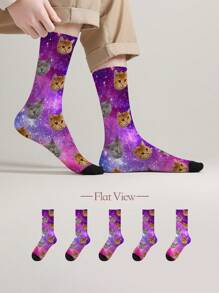 1 Pair Customized Face Women's Mid-Calf Socks, 'Put Any Face On Socks', Photo Printed Sky Cat Personalized Socks, Funny Custom Picture Couple Long Socks, Suitable For Valentine's Day, Birthday Gifts And Other Occasions
