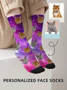 1 Pair Customized Face Women's Mid-Calf Socks, 'Put Any Face On Socks', Photo Printed Sky Cat Personalized Socks, Funny Custom Picture Couple Long Socks, Suitable For Valentine's Day, Birthday Gifts And Other Occasions