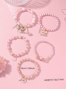 Conjunto de 5 pulseiras de contas de vidro rosa vintage boêmias com pingente de coração de strass, conjunto de joias com pingente de borla e letra de amor brilhante e personalizada, presente perfeito para amigos e mães no Dia dos Namorados ou Dia das Mães, adequado para uso diário e festas de Dia dos Namorados