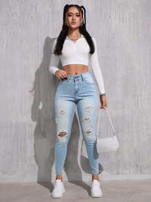 High Waisted Skinny Denim Pants With Pockets -ZANA - Blue - View 1