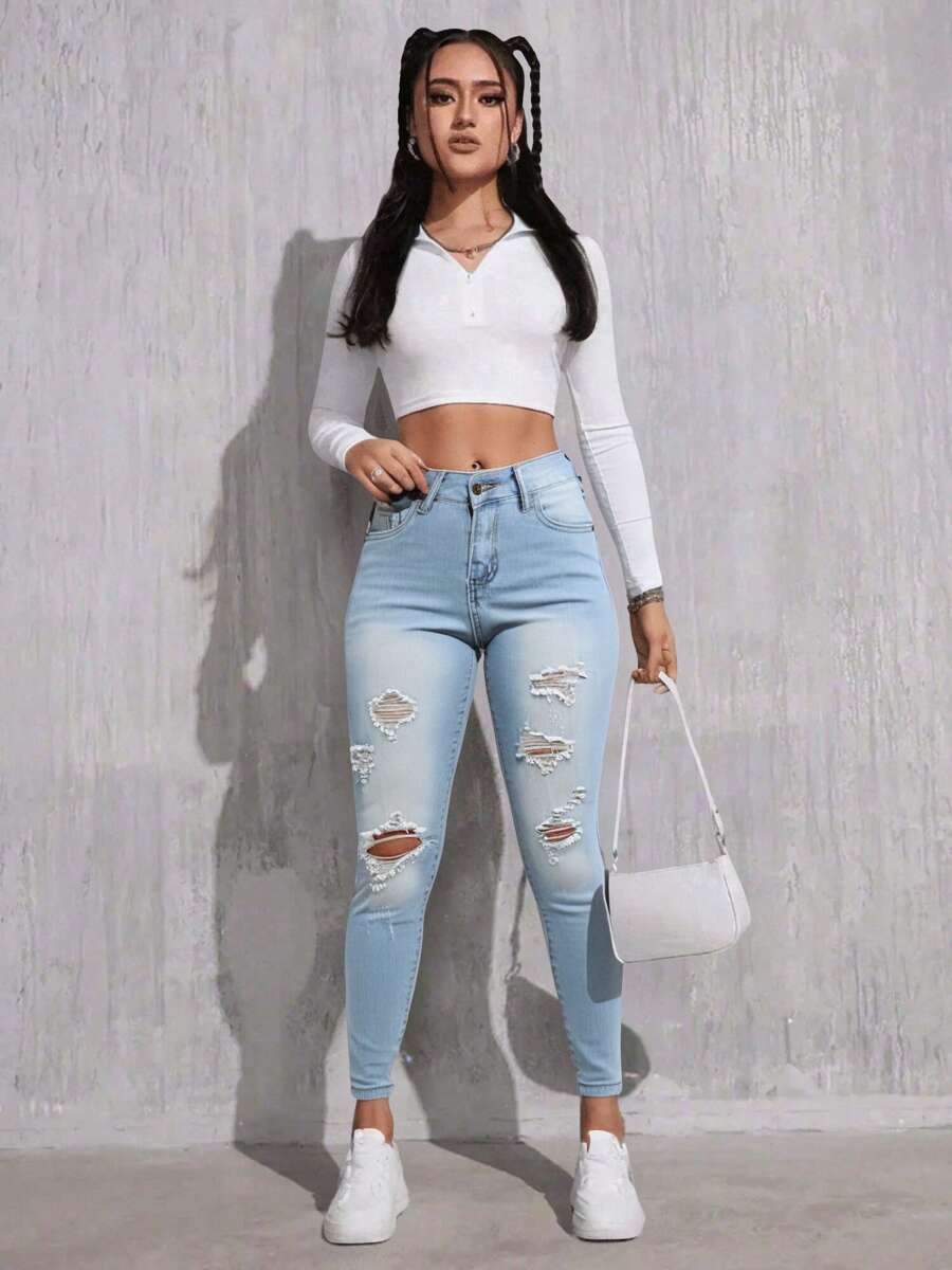 High Waisted Skinny Denim Pants With Pockets -ZANA - Blue - View 1