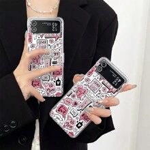 Y2K rosa Herz Liebes Muster Handyhülle mit Rundum-Schutz, klappbar, transparent, kompatibel mit Galaxy Z Flip 5, Galaxy Z Flip 4, Galaxy Z Flip 3, Galaxy Z Flip 6, stoßfeste Hartschale