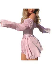 Womens Casual Long Sleeve Dress Fashion Solid Color Mesh Yarn Boat Neck Loose Short Dress - Pink - View 4