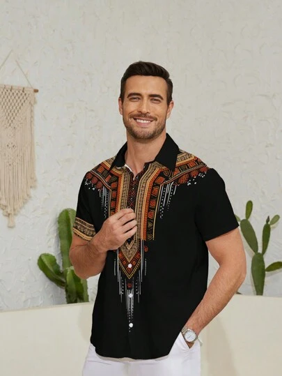 Men's Pattern Print Short Sleeve Polo Shirt Top, Casual Button-Down Shirt Suitable For Summer Daily Wear And Holiday Destinations