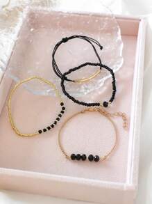 4pcs CCB Rice Bead & Imitation Crystal Stone Bangles Bracelets, Minimalist Fashion Personalized Beach Style Accessories For Women (Mixed Rice Beads, No Fixed Position)