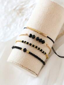 4pcs CCB Rice Bead & Imitation Crystal Stone Bangles Bracelets, Minimalist Fashion Personalized Beach Style Accessories For Women (Mixed Rice Beads, No Fixed Position)