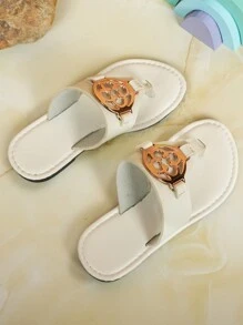 1 Pair Children Fashion Casual Cute Anti-Slip Durable Outdoor Metal Button Decor Sandals, Children Beach Slippers, Holiday Slippers - White - View 6