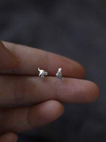 1 对 S925 纯银不对称可爱猫耳钉耳环，适合女性和学生日常佩戴 - 貓 - 查看 3