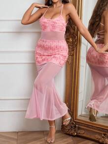 Vestido Midi com Recorte Floral Sem Costas para Mulheres, Vestido de Verão Sexy de Tule Justo com Bainha Sereia