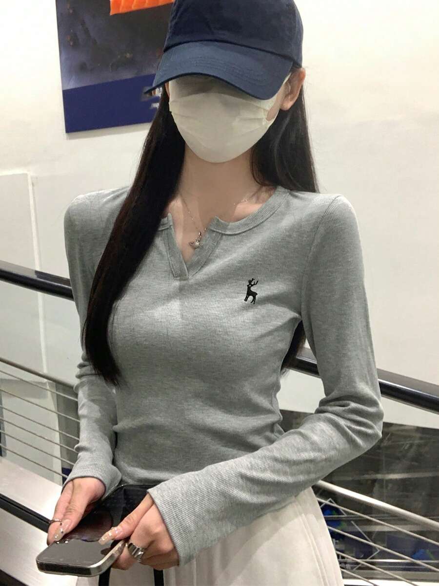 女士秋冬韩版半开襟修身简约刺绣百搭长袖 T 恤打底衫