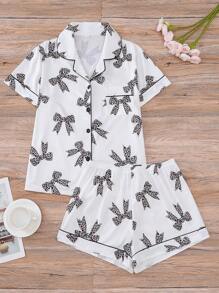 Conjunto de pijama de 2 piezas para mujer, con camisa de manga corta con botones de solapa y pantalones cortos holgados con elástico, informal para exterior y para el hogar, adecuado para todas las estaciones