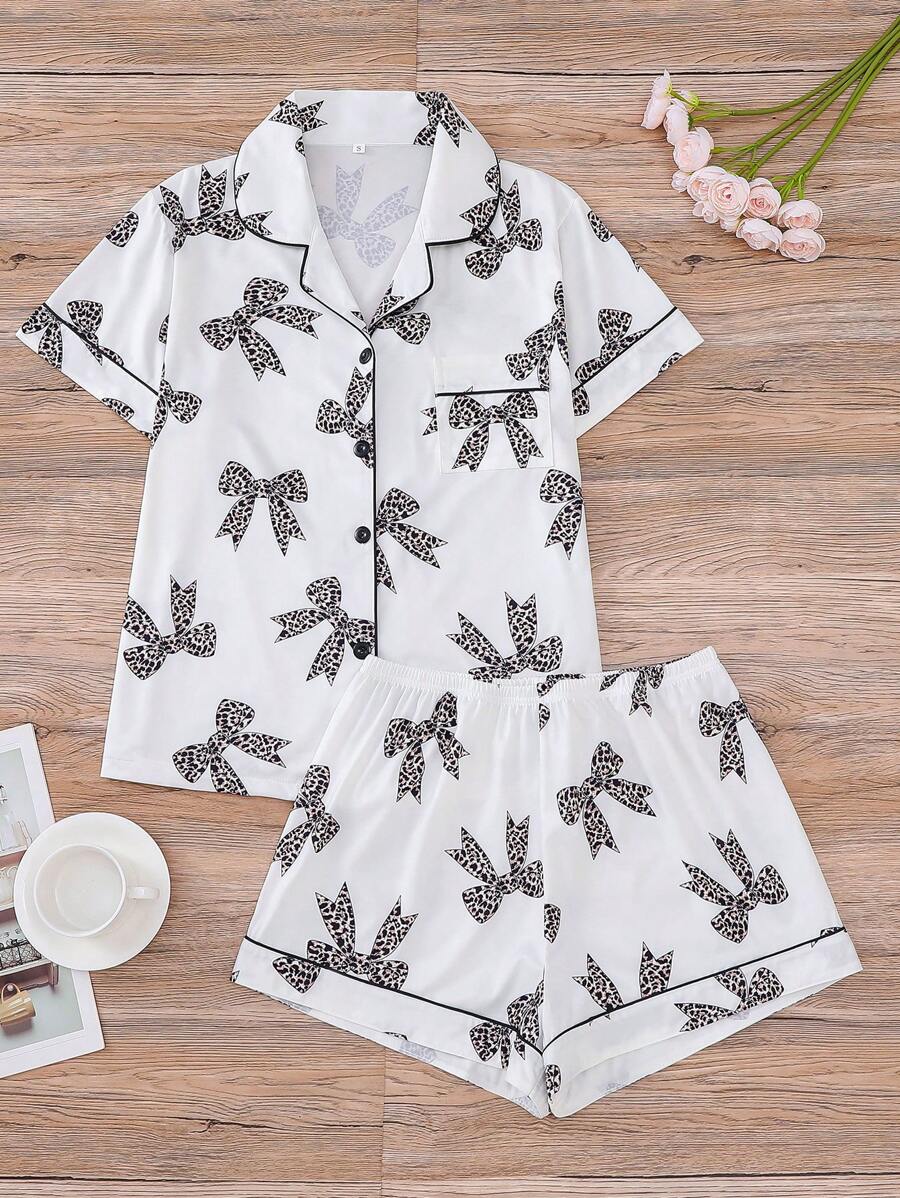 Conjunto de pijama de 2 piezas para mujer, con camisa de manga corta con botones de solapa y pantalones cortos holgados con elástico, informal para exterior y para el hogar, adecuado para todas las estaciones