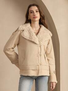 ZIAI Áo khoác nỉ chắp vá màu trơn, thường ngày mùa thu/đông - Màu be - Xem 1