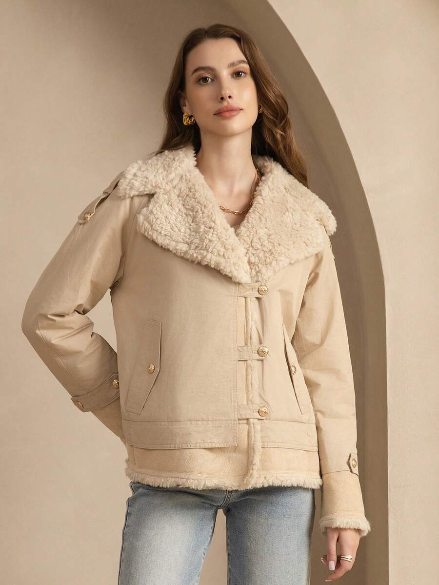 ZIAI Áo khoác nỉ chắp vá màu trơn, thường ngày mùa thu/đông - Màu be - Xem 1