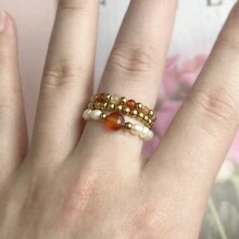 Juego de 3 anillos de mujer con piedras naturales y perlas falsas, de acero inoxidable minimalista de alta gama, apropiado para uso diario, vacaciones, boda y fiesta