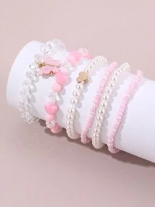 6 قطع أساور خرز البيرل المزيفة بشكل فراشة وقلب للبنات