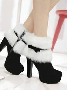 Women Winter Suede Ankle Boots & Short Boots, New Arrivals Thick Heel Waterproof Platform Fluffy Bow Shoes