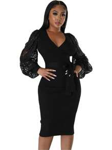 hoteel Women's Dress Women's Semi Formal Dress Bishop Sleeves Sexy V-Neck Slim Fit Mid Length Dress - 黑色 - 查看 3