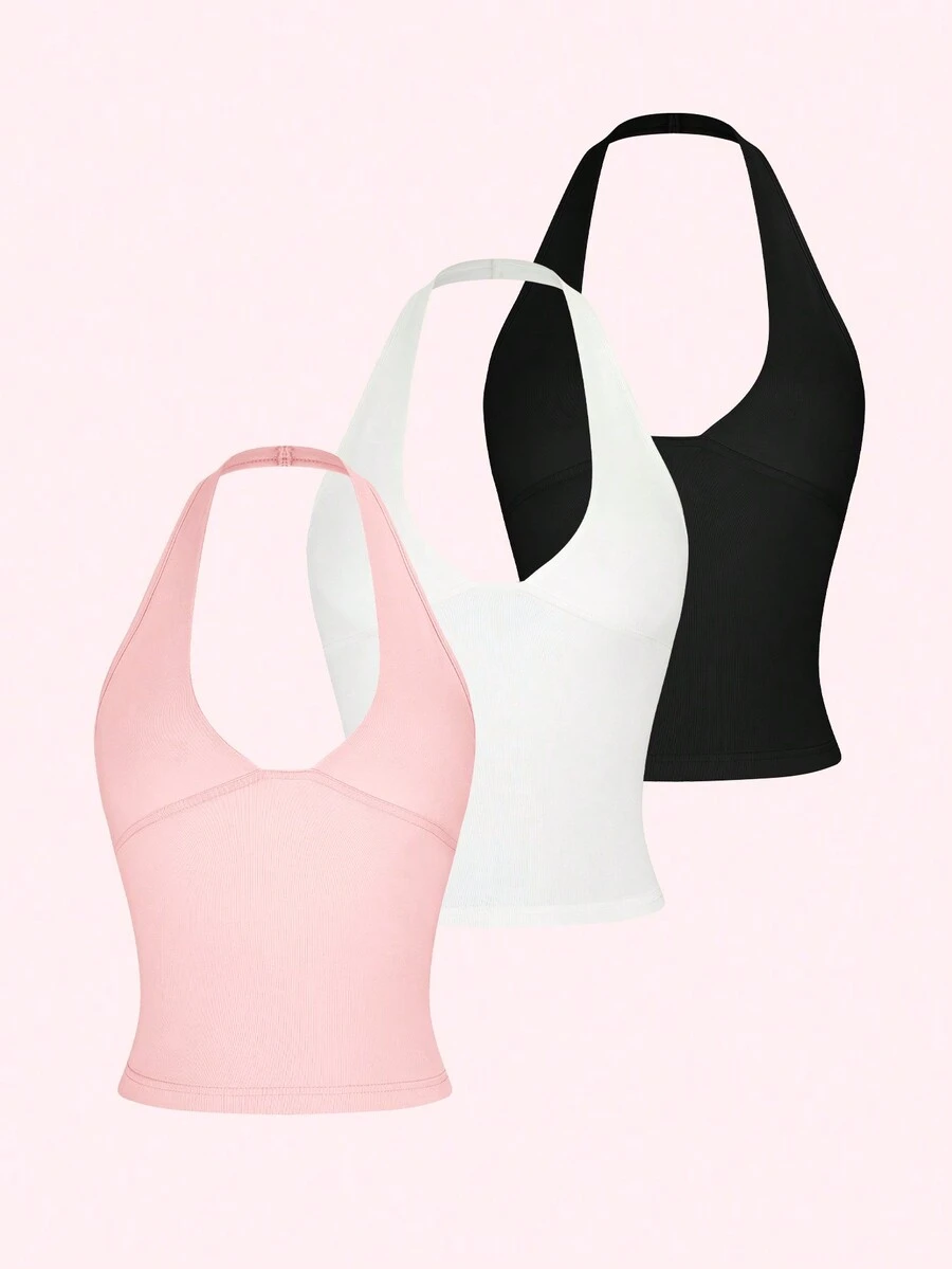 3件套 Mystra 女士纯色褶皱修身露背吊带背心