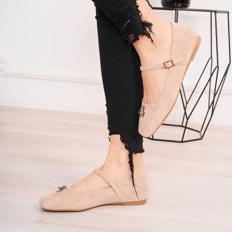 Damen Flache Schuhe mit Riemen und Dekoration, klassischer Stil - Khaki - Übersicht 1