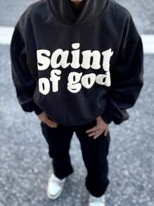 Women's Casual Minimalism "Saint Of God" Letter Print Loose Fit Pullover Hoodie Sweatshirt, Autumn And Winter Long Sleeve Top, As A Gift