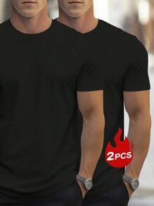 男士纯色圆领短袖修身休闲日常时尚百搭 T 恤 - 黑色 - 查看 2