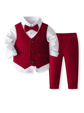KIMOCAT 3 件套圣诞男童正装套装：天鹅绒长袖衬衫、西装外套、裤子，适合幼儿和小男孩的绅士风格