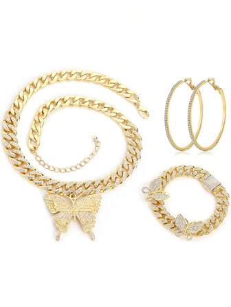 3 件套蝴蝶珠宝套装（带礼盒）、女士链条项链、水钻蝴蝶吊坠项链、水钻蝴蝶手链、大号环形耳环、闪亮耳环