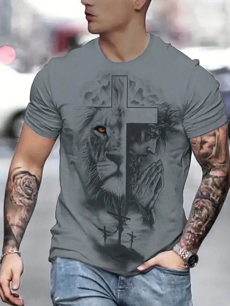 男士轻薄透气休闲狮子十字架印花短袖T恤，夏季 - 灰色 - 查看 1