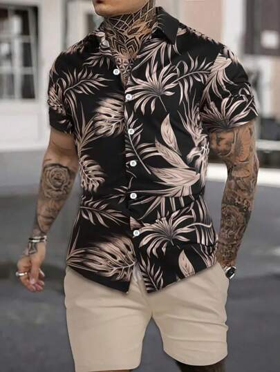 2pcs Men's Summer Floral & Leaf Print Polo Shirt And Solid Color Shorts Set, Casual Outfit, Cozy Outfits