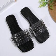 Women's Flat Sandals With Square Toe, Anti-Slip Beach Slippers - Black Rivets - View 7