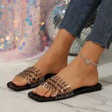 Women's Flat Sandals With Square Toe, Anti-Slip Beach Slippers - Black Rivets - View 2
