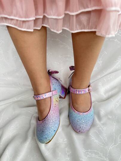 Girls' Fashionable Colorful Glitter High Heel Shoes With Bow Decor, Versatile For Performance, Modeling, Everyday Wear