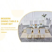 Table And Chair Set.Subtle Luxury Clear Tempered Glass Dining Set - 71"X35.4" With 8 Light Gray PU Chairs.C-Tube Gold Metal Chair Legs.Bring A Comfortable Home Experience To The Kitchen Bedroom.