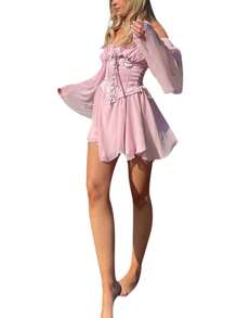 Womens Casual Long Sleeve Dress Fashion Solid Color Mesh Yarn Boat Neck Loose Short Dress - Pink - View 1