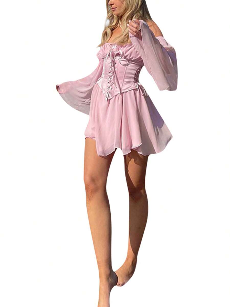Womens Casual Long Sleeve Dress Fashion Solid Color Mesh Yarn Boat Neck Loose Short Dress - Pink - View 1