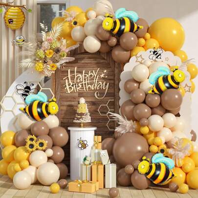 128pcs Bee Themed Balloon Arch Set, Yellow, White, Brown Latex Balloon, Bee Theme Birthday, Anniversary, Graduation, Gender Reveal Party Decorations