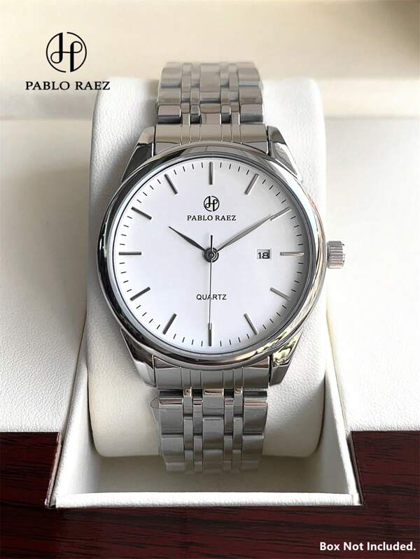 Pablo Raez 1 pièce Montre homme simple de haut niveau, montre bracelet affaires. Accessoires d'été pour hommes. Bracelet en acier inoxydable, boîtier en argent IPS. Cadran blanc de luxe en acier inoxydable massif avec date, étanche 50 m. Nouvelle montre à quartz sport et décontractée de marque haut de gamme. Un beau cadeau pour un professeur, un ami, un père. Convient pour la vie quotidienne, le travail, les fêtes, les tenues habillées, les anniversaires, les remises de diplômes, les mariages.