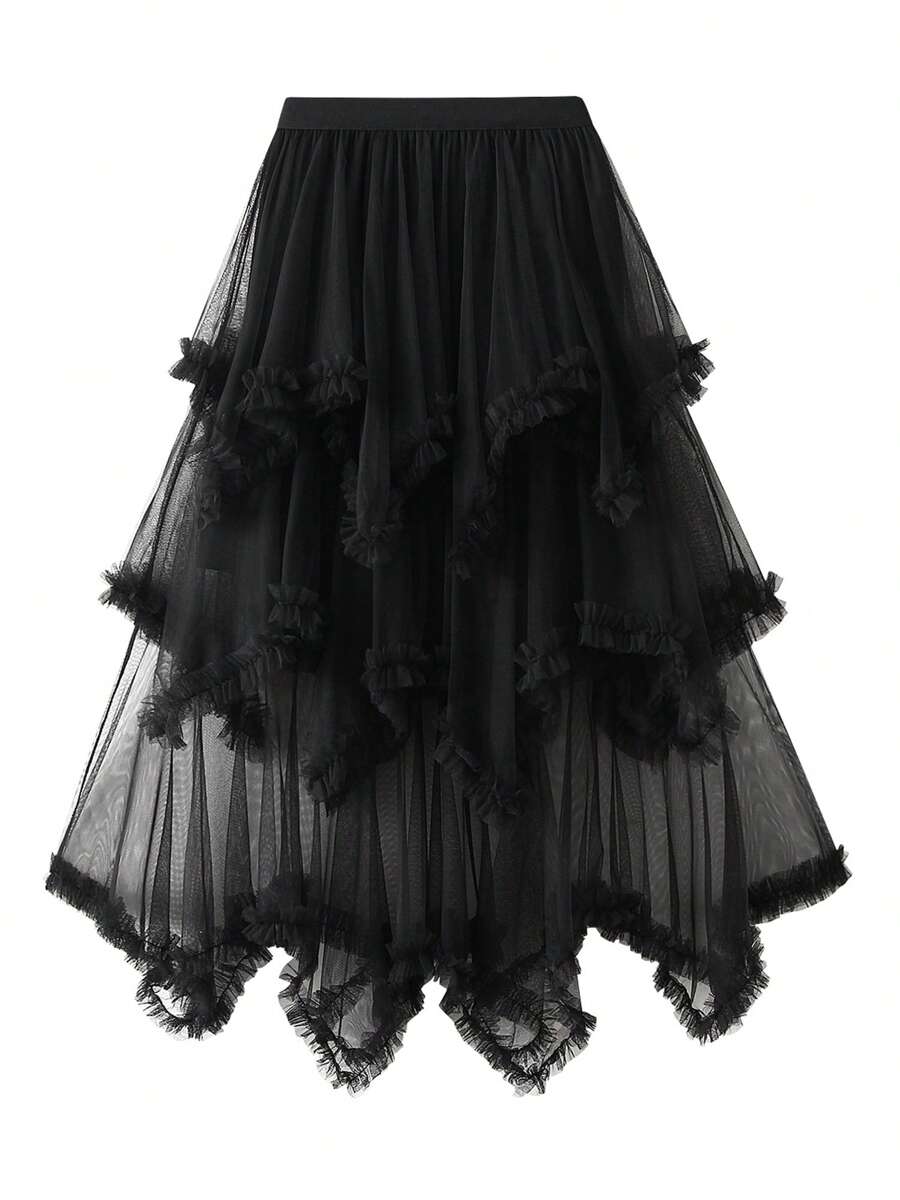 Women Layered Tulle Long Skirt, Fashion High Waist Solid Color Frill Trim Ruffle Midi Skirt - 黑色 - 查看 1