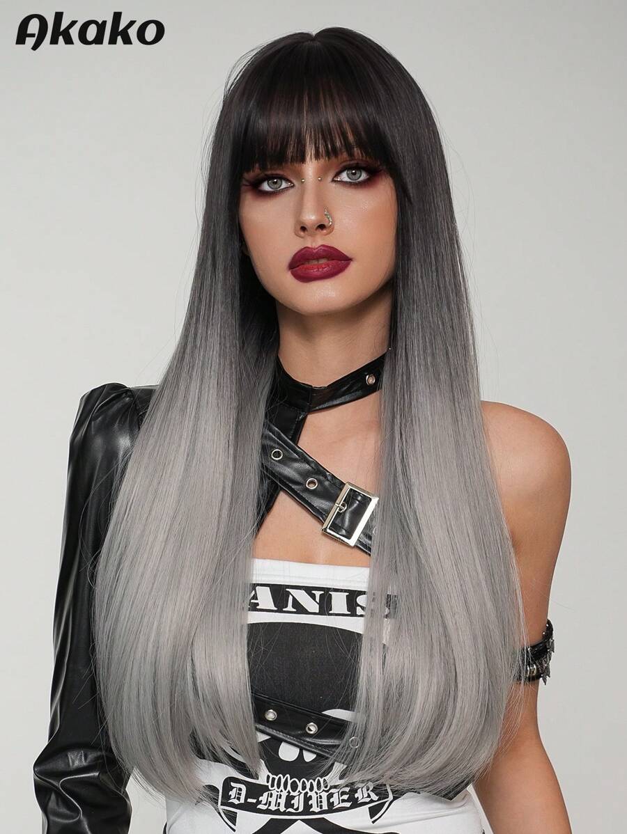 AKAKO 长直渐变灰色假发带刘海黑灰色假发女士时尚丝滑柔软顺滑头发耐热纤维合成全假发适合日常派对使用 28 英寸 - 漸變灰色 - 查看 1