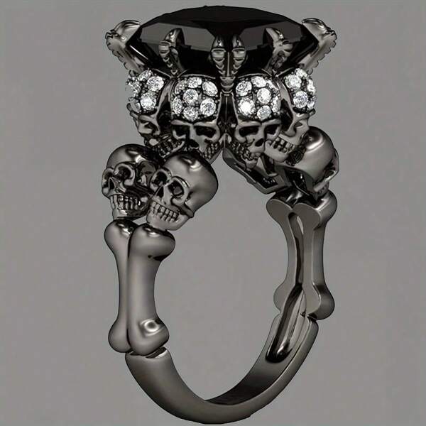 Anillos góticos personalizados con estilo retro de calavera punk para mujeres y hombres, joyería negra simple con zirconia negra como accesorio para Halloween